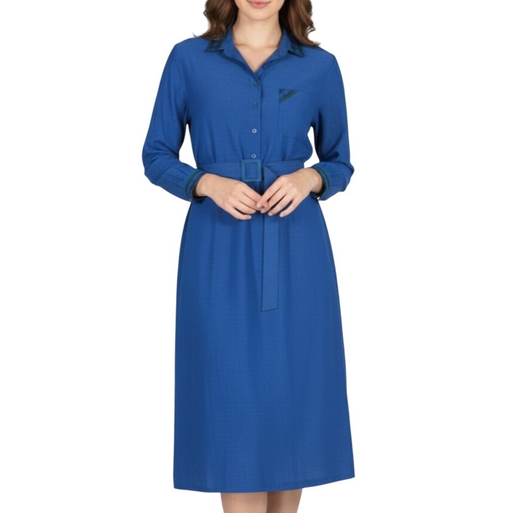 Vtg SCHRADER SPORT Blue LIGHTWEIGHT TWILL Plaid Trim 1/2-BUTTON Shirt Dress 10